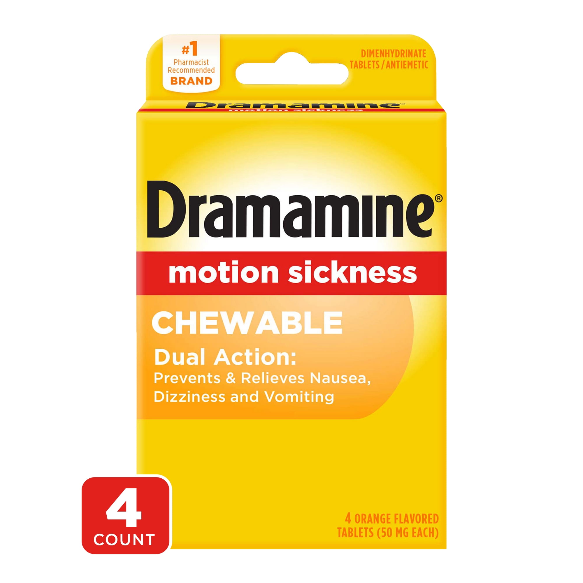 Dramamine Chewable, Motion Sickness Relief, Orange Flavor, 4 Count