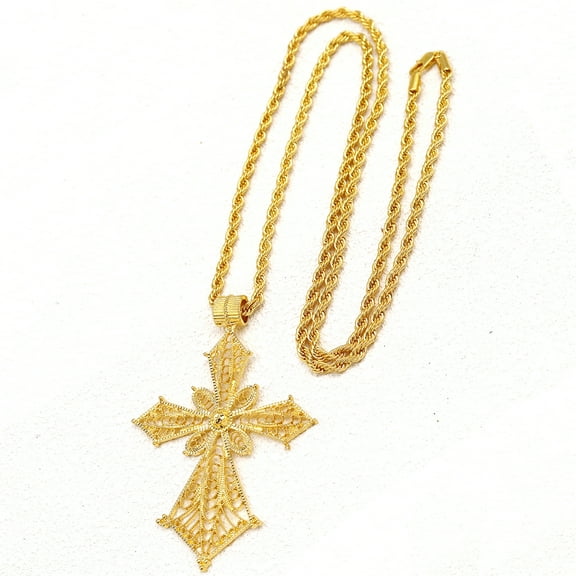 Ethiopian Cross Pendant for Women Men with Twisted Chain African Wedding Party 14K Yellow Gold Ethiopian Eritrea Jewelry Gift