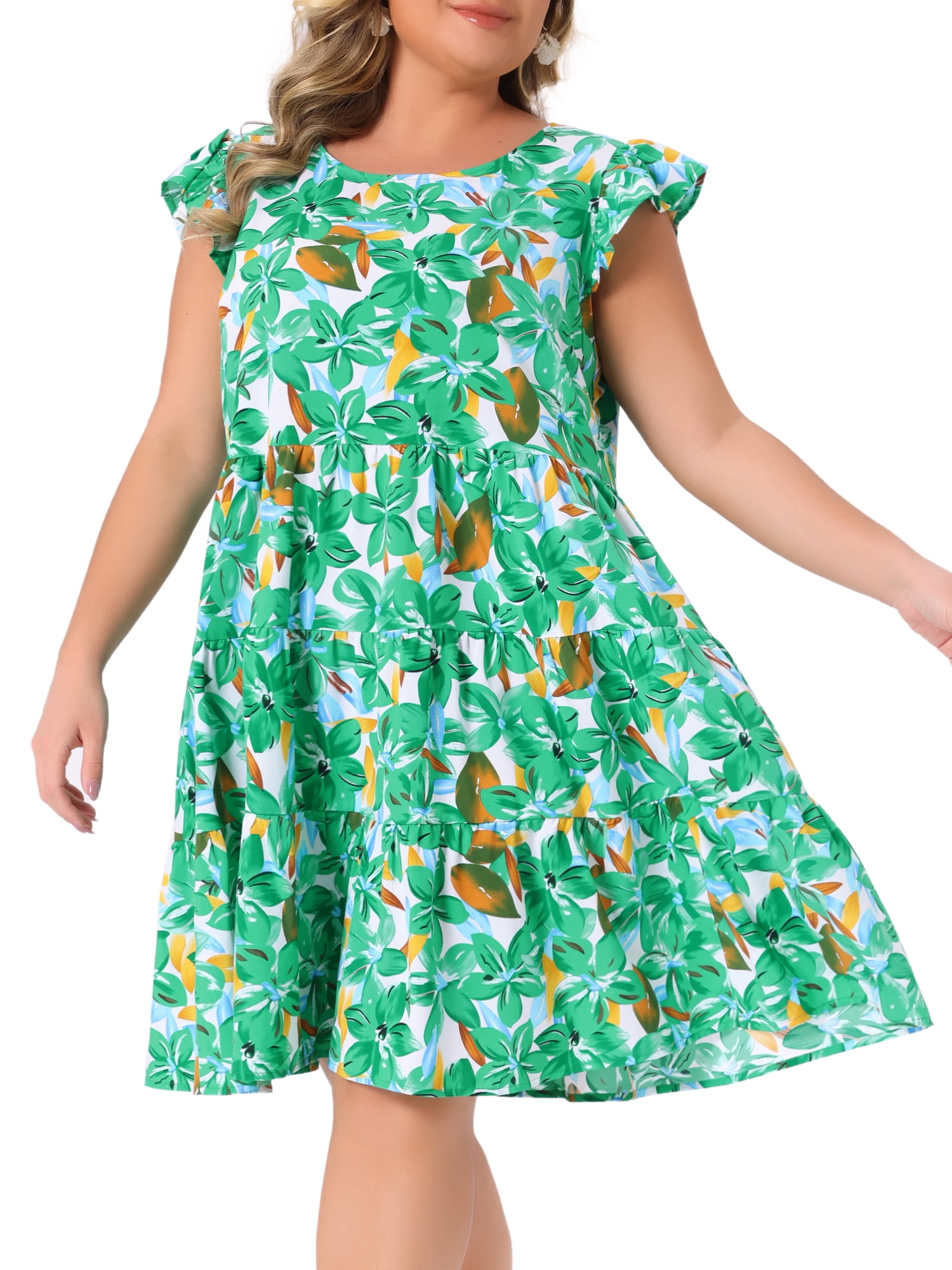 DARING DIVA Plus Size Boho Flutter Sleeves Round Neck Floral Print Dress 2X Green