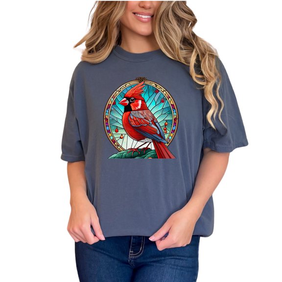 Vintage Stained Glass Cardinal T-Shirt, Colorful Bird Art Tee, Unique Bird Lover Gift, Nature Inspired Graphic Tee, Casual Wear, Denim Comfort Colors T-Shirt, Small