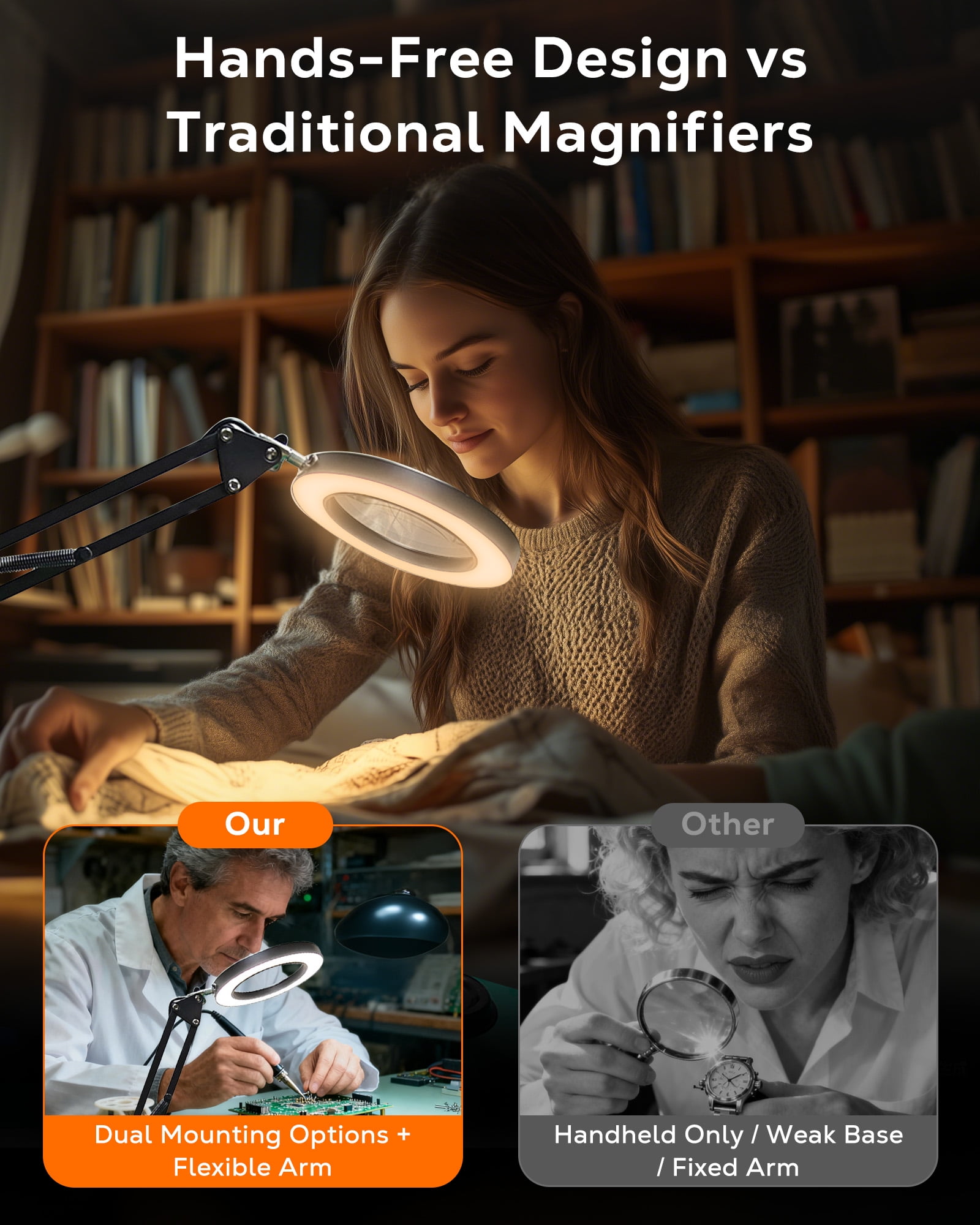 WEENEED 10X Magnifying Lamp with Light, Adjustable Swing Arm, Desk Base and Clamp, USB Powered for Reading, Crafts and Repair