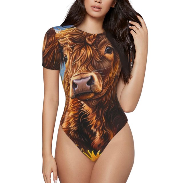 Balery Cloud Sky Sunflower Cow Body de cuello redondo de manga corta para mujer Tops de manga corta Tops básicos-X-Large