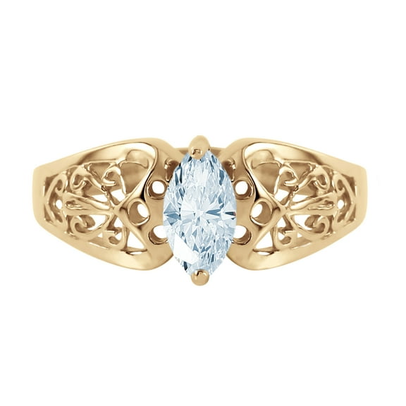 Galaxy Gold 14K Yellow Gold Natural Marquis-Shaped Aquamarine Filigree Solitaire Ring - March Birthstone - Courage & Clarity - Sizes 5.5 to 11 - Fine Jewelry for Women