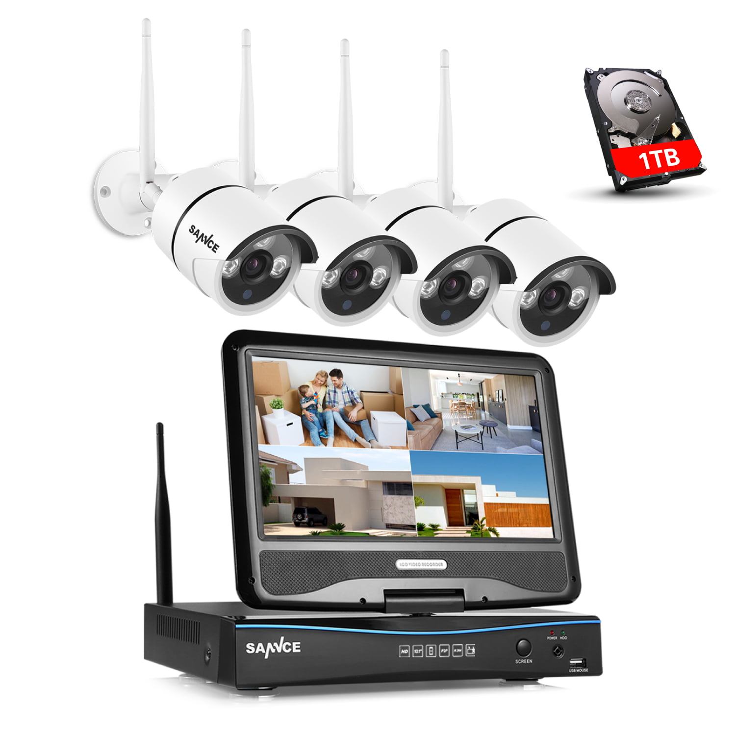 SANNCE Wireless WIFI 10" LCD Monitor NVR 4pcs 720P Home Security Camera System