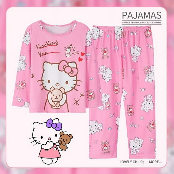 Pyjama pour Enfants Kawaii Sanrio Ensemble Dessin Animé Hello Kitty Cinnamoroll Manches Longues Pantalon Tenue d'Intérieur pour Enfants Filles Sommeil Tenue d'Intérieur