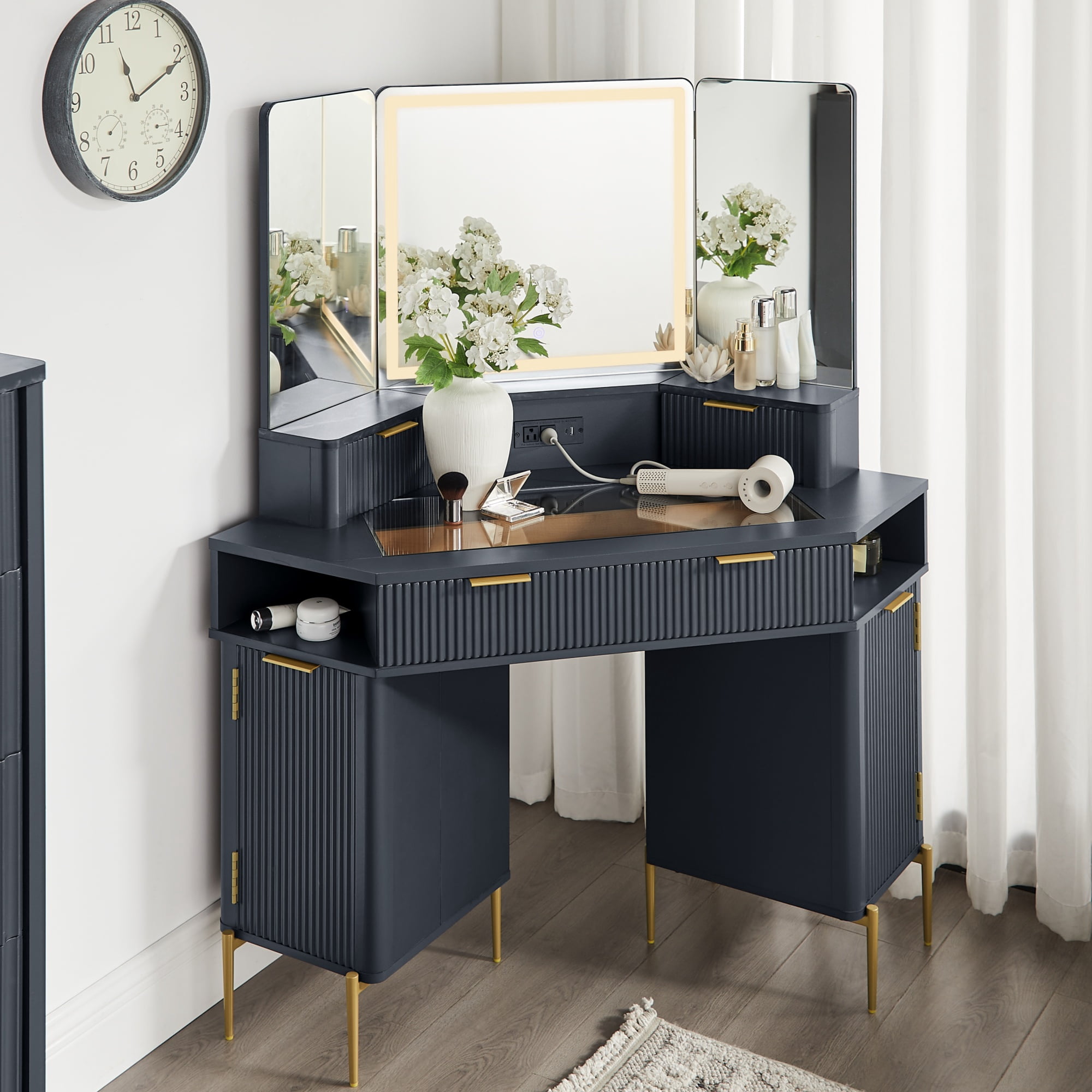 OKD 48" Fluted Makeup Vanity Desk with HD Triple Mirror and Lights, Modern Corner Vanity with 3 Drawers & 2 Cabin ets, Charging Station - Dark Grey