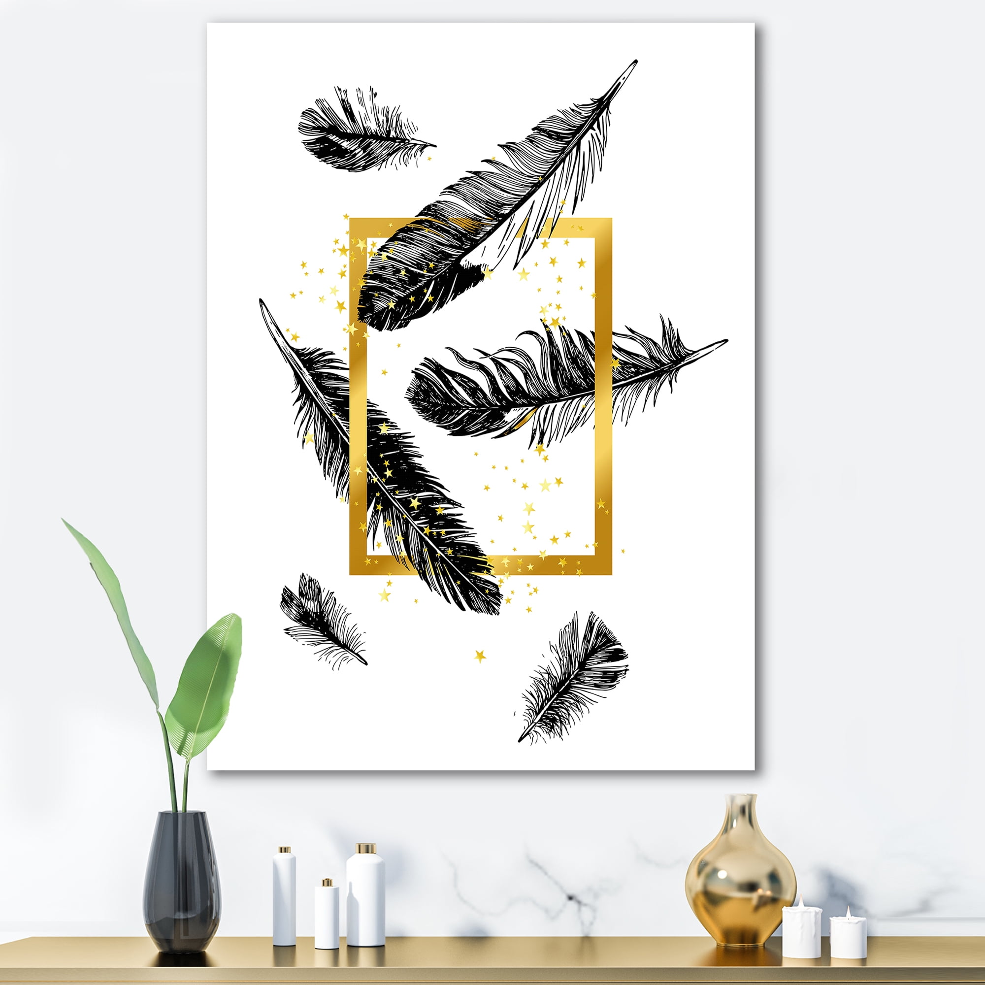 Designart ' Feathers and Golden Frame ' Bohemian & Eclectic Canvas Wall Art Print
