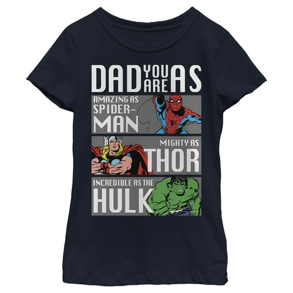 Girl's Marvel Dad You Are as Amazing as Spider-Man Mighty as Thor Incredible as the Hulk Graphic Tee Navy Blue X Large