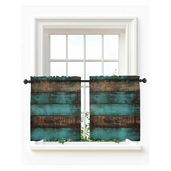 Vintage Teal Stripe Tier Curtains 36 Inch Length, Sheer Curtains for Bedroom Living Room Window Farmhouse Shabby Turquoise Rod Pocket Drapes Kitchen Curtains Small Half Window 27.5"x36" 2 Panels