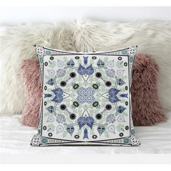 Paisley Leaf Geo Throw Pillow with Removable Cover in Off-White Gray Muted Blue 18x18