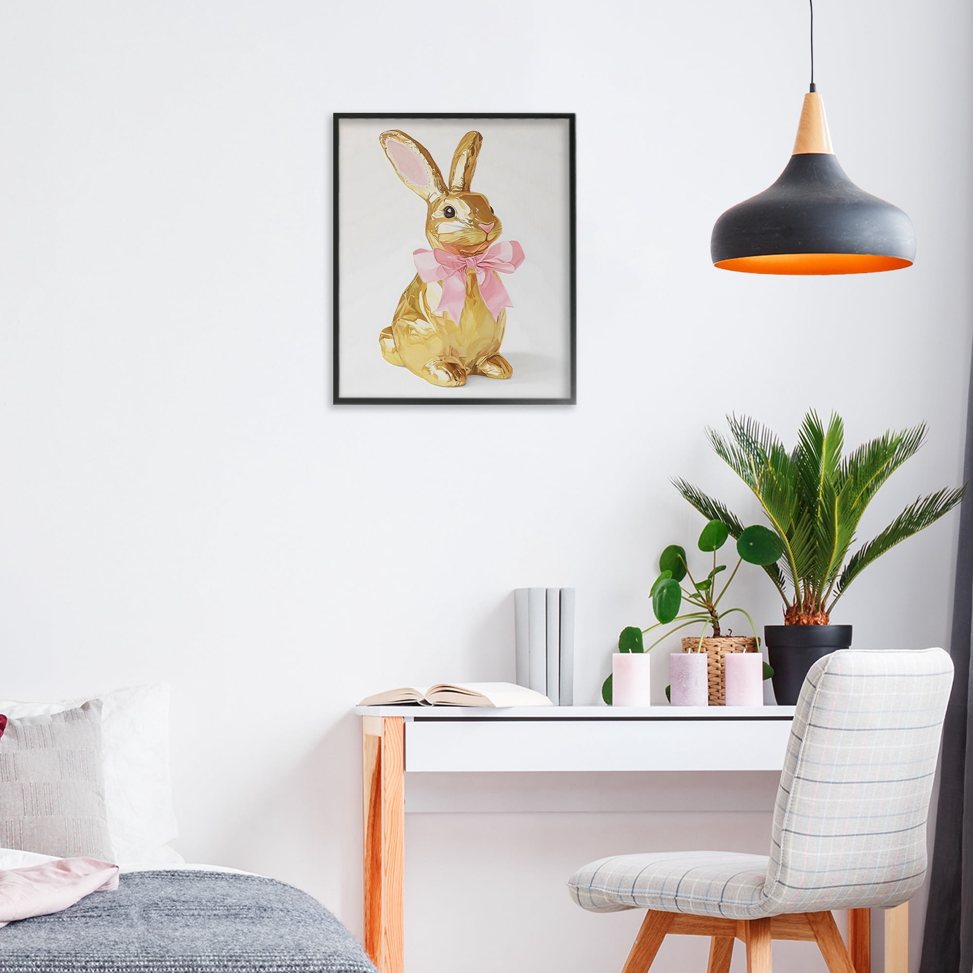 Stupell Industries Golden Easter Bunny with Ribbon Black Framed Giclee Art, design by The Prints Vibe