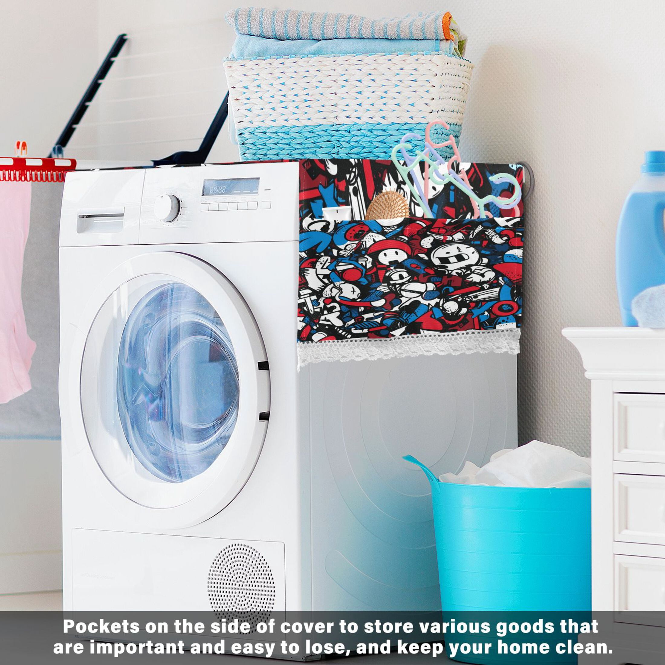 WOBOGO Red Blue Graffiti Pattern Washing Machine Cloth Dryer Refrigerator Top Cover Protective Non-Slip Mat For Kitchen Laundry