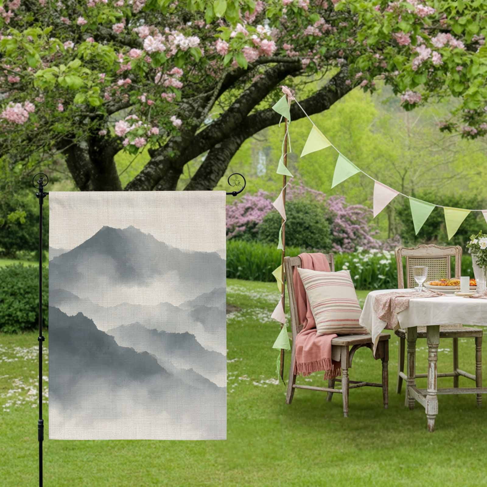Mountain Peak House Flag 28 x 40 Inches, Modern Mist Gray Ink Wash Gradient Fog Country Weather Proof Outdoor Patio Flags Double Sided Small House Decoration for Yard Lawn Outside Home