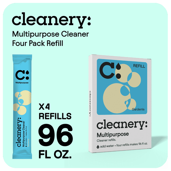 Cleanery Multipurpose Cleaner Powder Concentrate Refills 4 Pack, Makes 24oz Each, Gardenia Scent