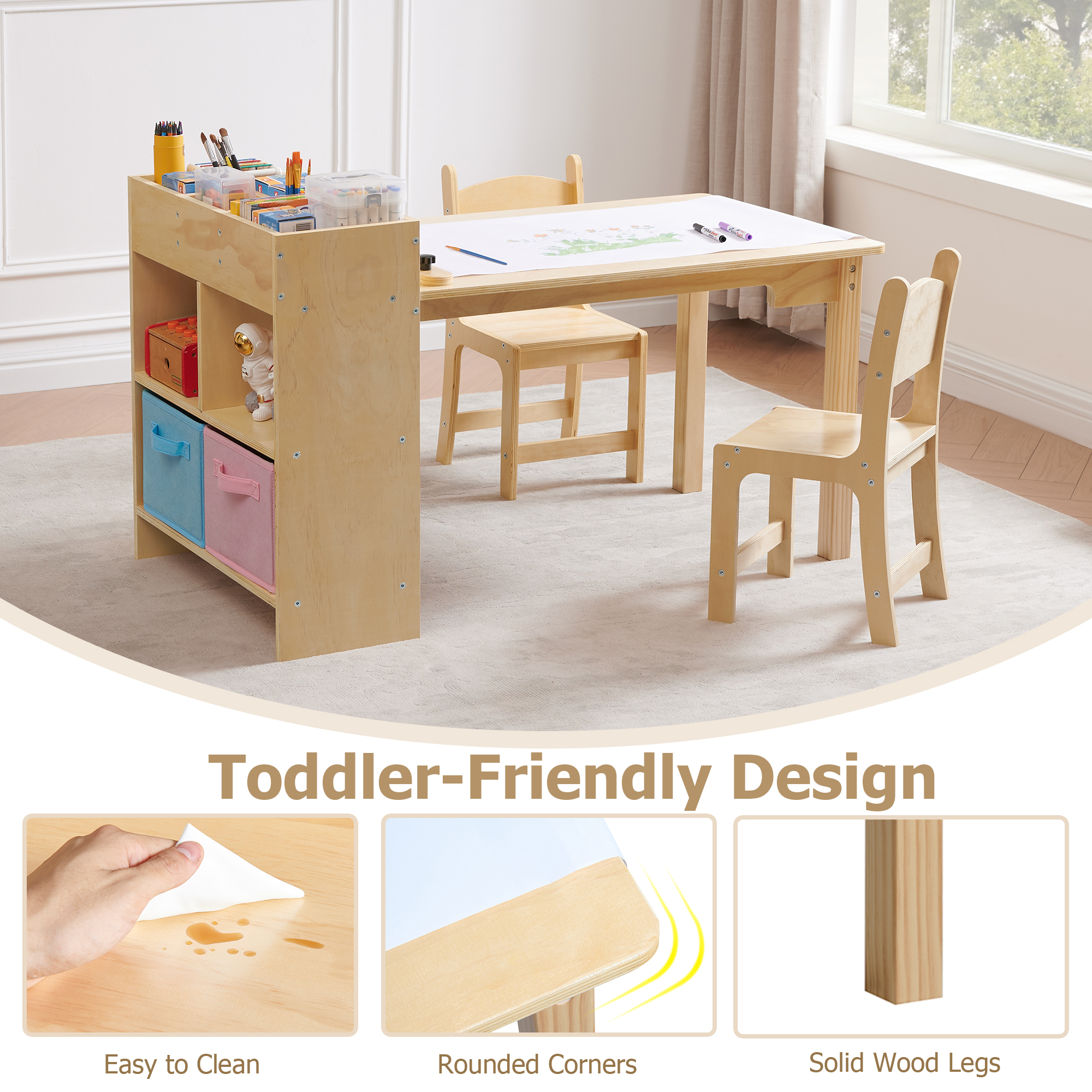 Kids Art Table and 2 Chairs Set, Solid Pine Wood Toddler Activity Craft Desk with Storage for Drawing, Writing, Reading, Ideal for Nursery, Playrooms & Classroom