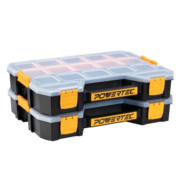 Caja organizadora de herramientas POWERTEC apilable con 17 compartimentos, paquete de 2