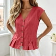 thumbnail image 6 of Women's Cotton Linen V-Neck Tank Top Ihhxva Sleeveless Pleated Button Peplum Hem Stretchable Summer Breathable Lightweight S-2XL, 6 of 9