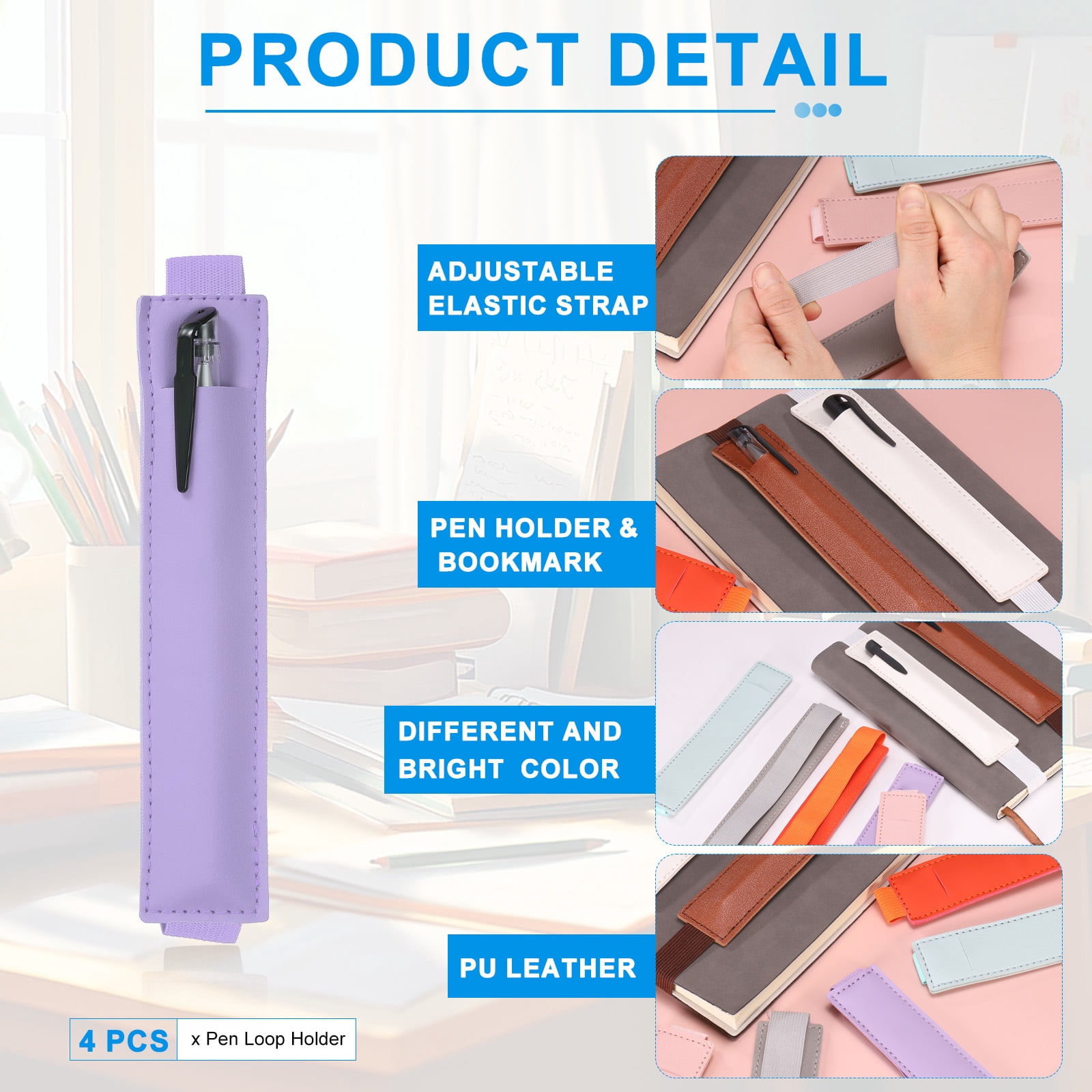 Unique Bargains Adjustable Pen Loop Holder Pencil Sleeve with Elastic Strap Purple