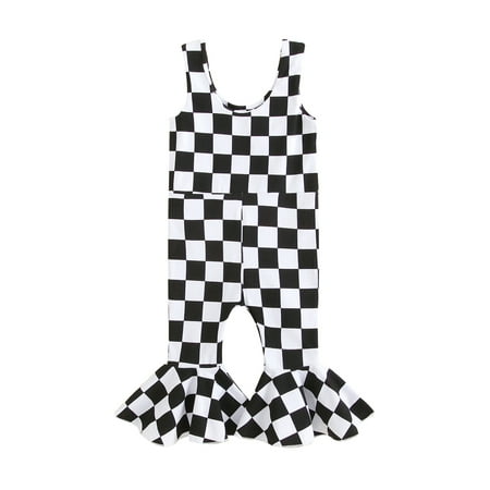 

Gzhioc Toddler Girl Strap Jumpsuit Sleeveless Checkerboard Print Romper One-Piece Bell-Bottoms 6 Months-4 Years