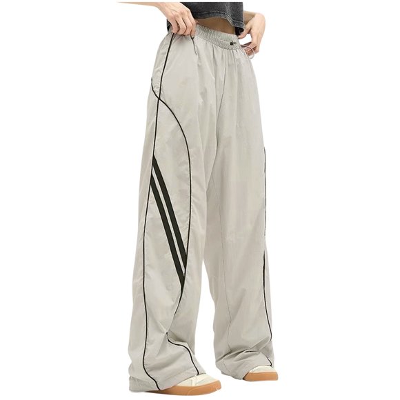 Gray Pleated Striped Paperbag Straight Leg Long Leg Lounge Stretch for Women Fall Winter Pants Shacket Outerwear Womens 2025 Clothes M