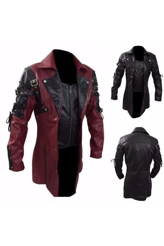 Big and Tall Steampunk Jacket Mens Medieval Gothic Frock Coat Patchwork Faux Leather Jackets Lapel Long Sleeve Overcoat