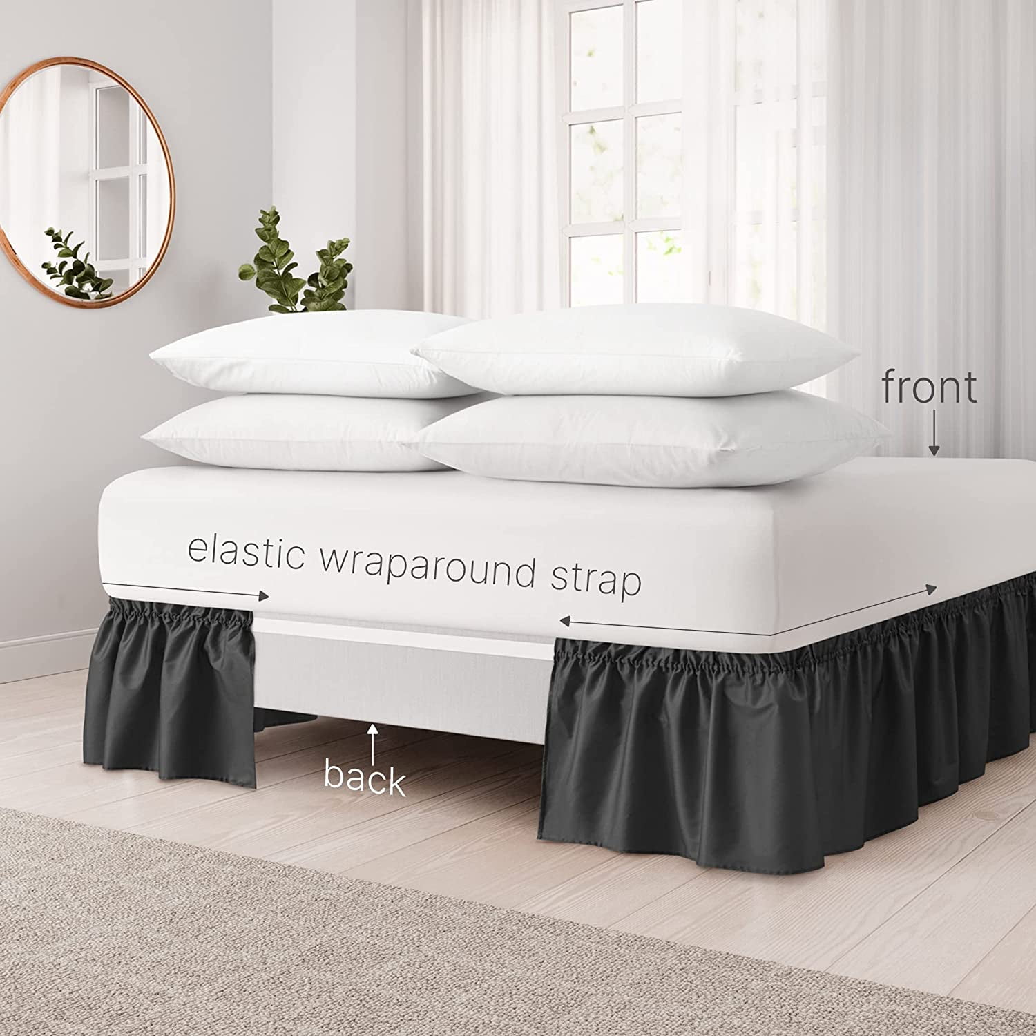 CGK Linens Wrap Around Dust Ruffle Bed Skirt - For King Size Bed With 15 Inch Drop, Easy Fit Elastic Strap - Pleated Bedskirt, Black