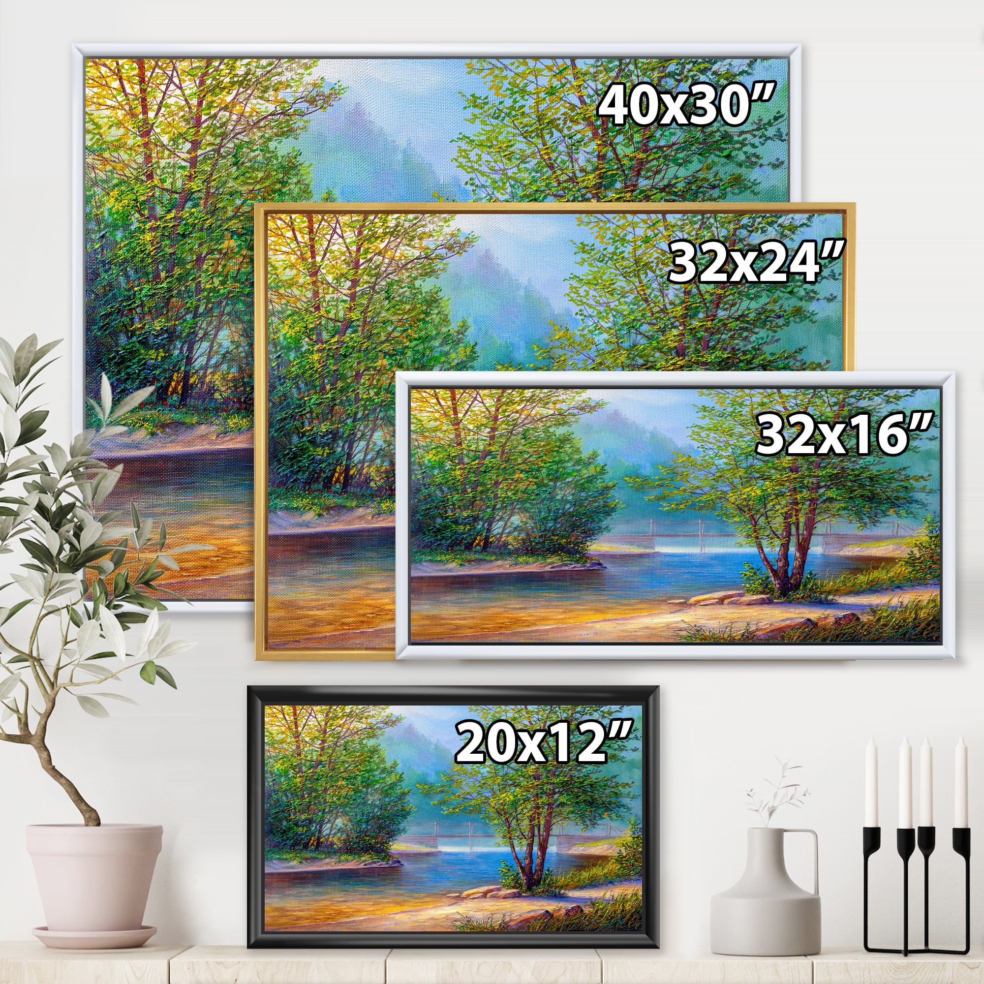 Designart 'Green Trees By The Bridge Over River' Traditional Framed Canvas Wall Art Print