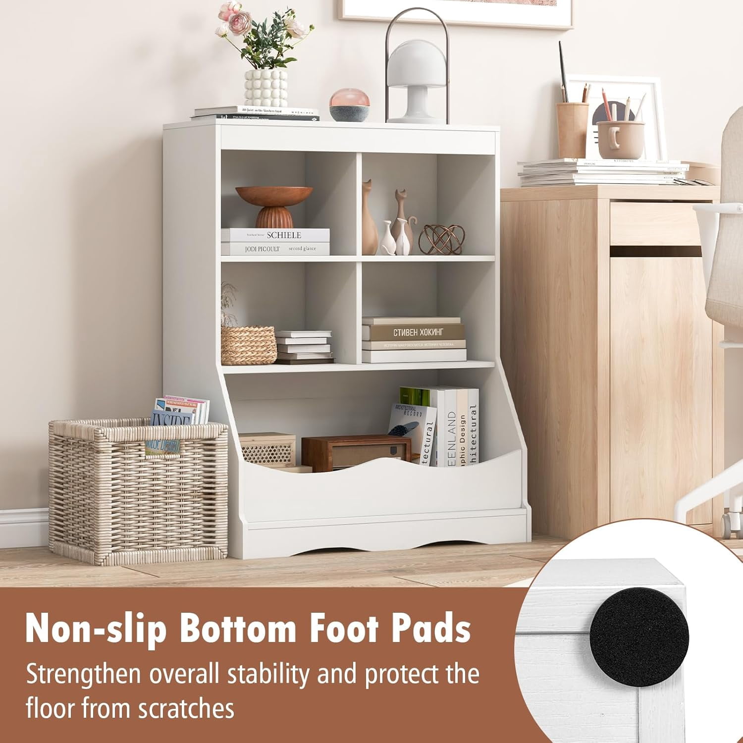 LINJH Storage Cabinet, Small Bookshelf, Short Bookcase with 4 Open Cube & Bottom Compartment, Anti-Tipping Device, Foot Pads, Cubby Storage Organizer for Study, Living Room-White