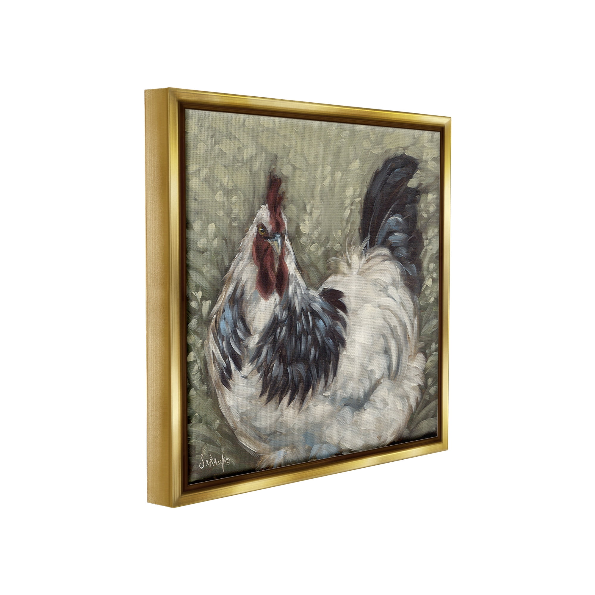 Stupell Industries Hen in Country Meadow Animals & Insects Painting Gold Floater Framed Canvas Art Print Wall Art, 18 x 18