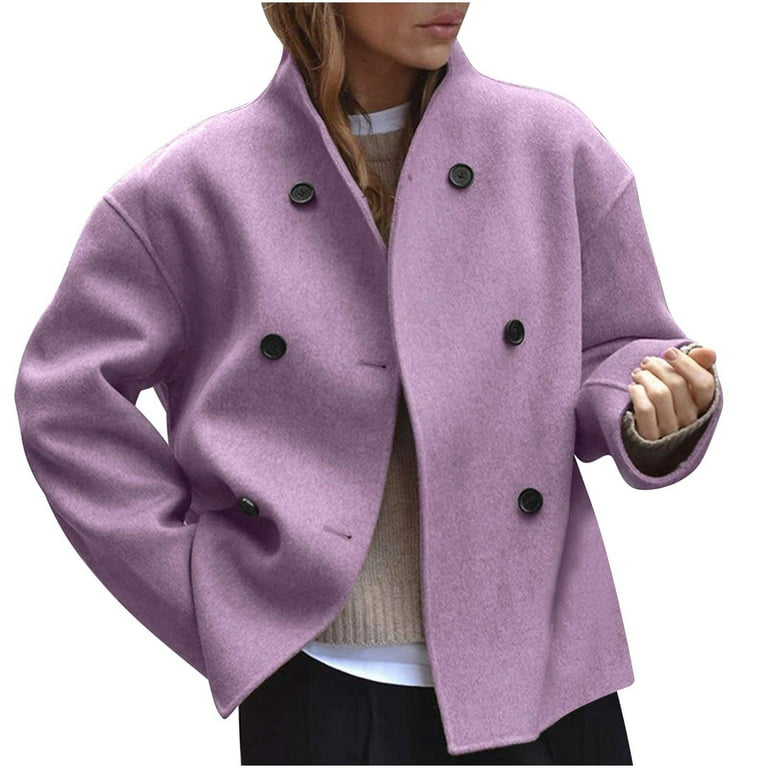 UQJfacai Womens Short Wool Blend Pea Coat Fall Winter Stand Collar