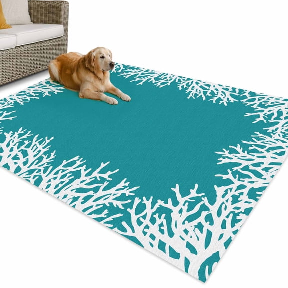 Outdoor Rug 3x5 ft Nautical Coastal Waterproof Outdoor Patio Rug Mat Non Slip Outside Area Rugs Carpet for RV,Camping,Porch,Deck,Pool,Balconybackyard,Ocean Coral Texture Turquoise White