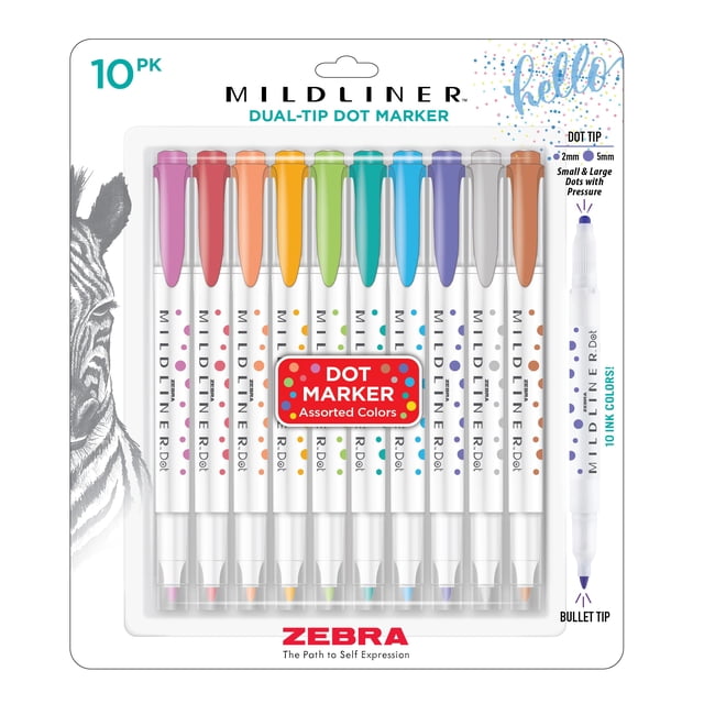 Marcador de puntos Zebra Pen Mildliner de doble punta, tinta a base de agua, paquete de 10