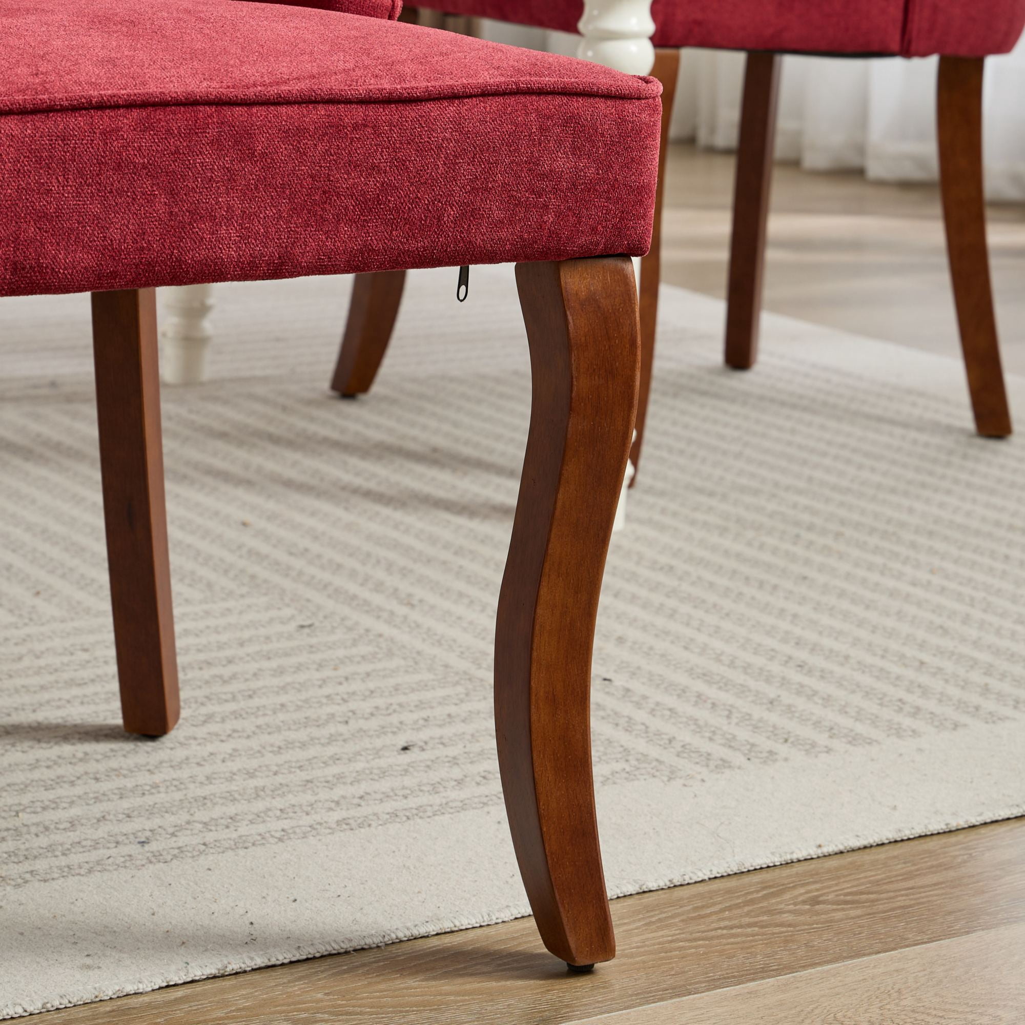 Aukfa Modern Linen Dining Chairs Set of 2, Upholstered Kitchen Side Chair Accent Chair w/ Curved Solid Wood Legs,Wine Red