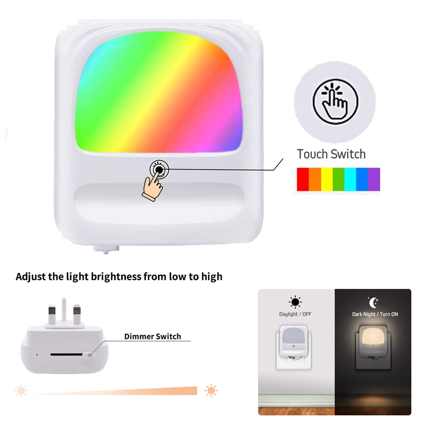 Daylight sensor Plug Through Automatic LED Night Light 3 Colour Changing 