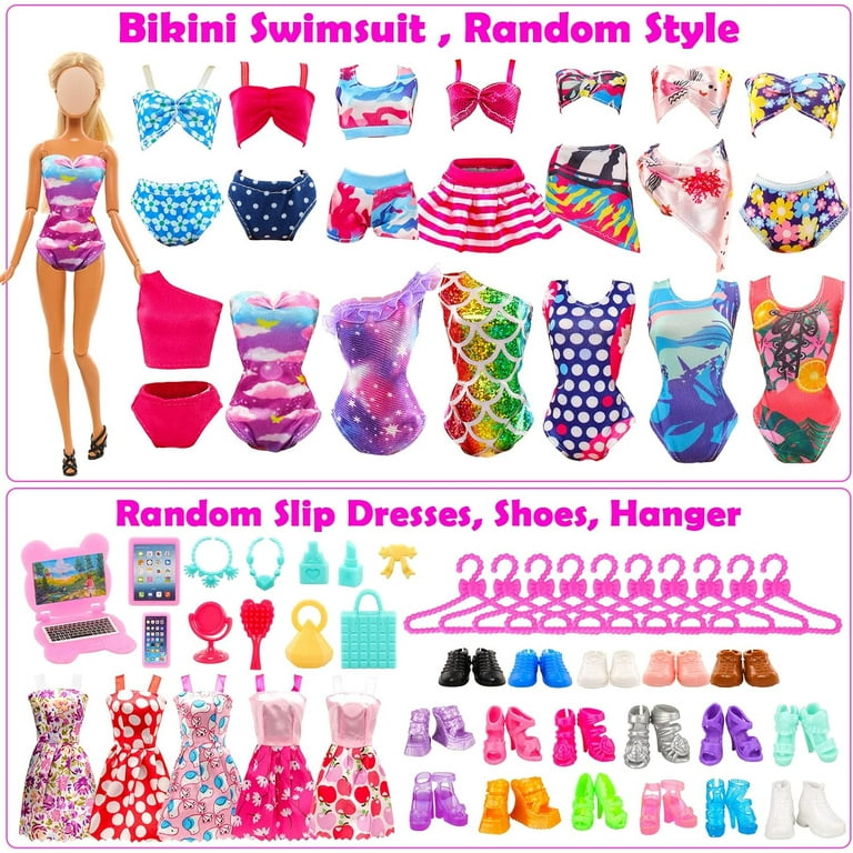 BARWA 46 Pack Doll Clothes and Accessories 15 Sets Doll Clothes 3 Wedding  Long Dresses 3 Fashion Dresses 4 Tops Pants 2 Bikini Swimsuits 1 Pool