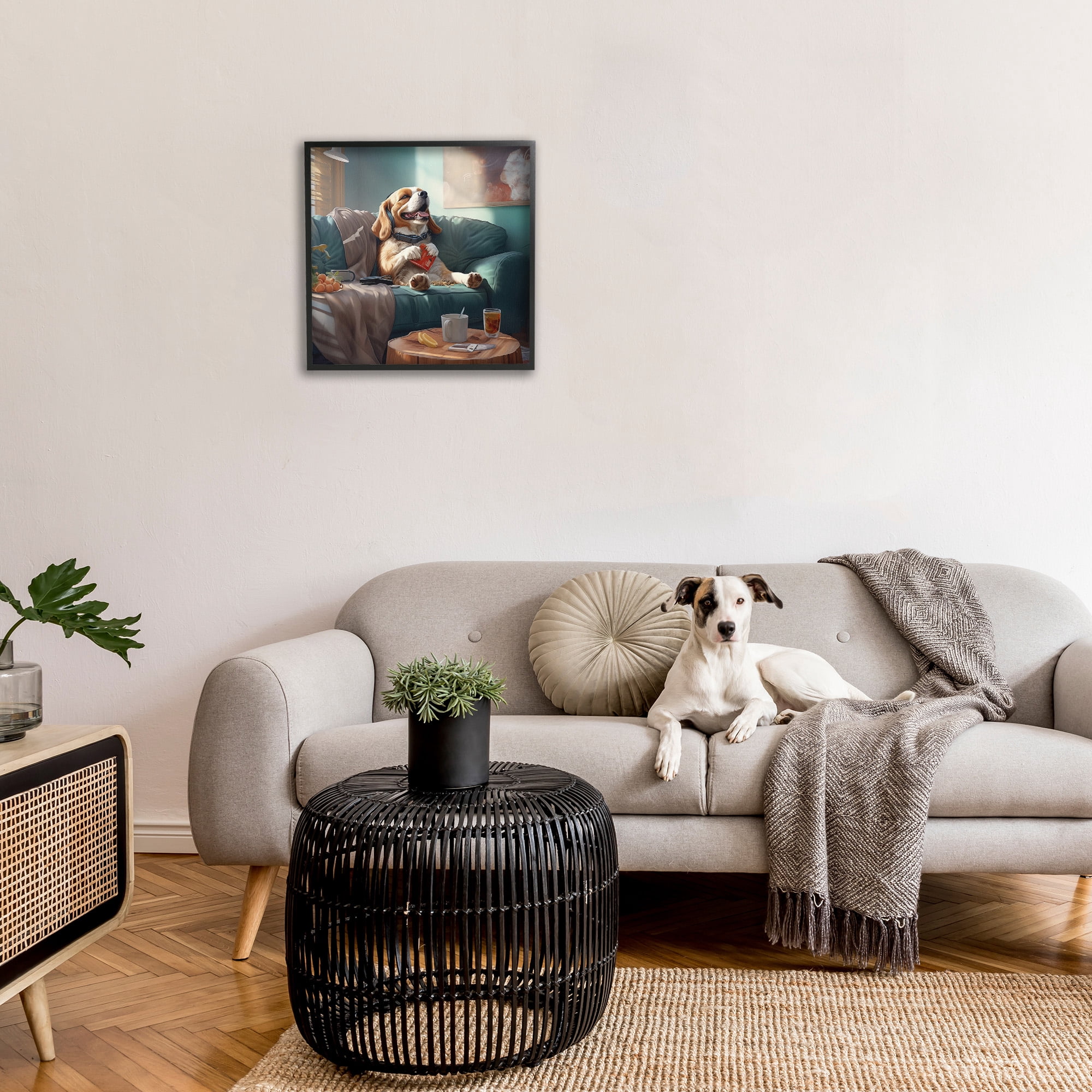 Stupell Industries Happy Dog on Couch Animals & Insects Painting Black Framed Art Print Wall Art, 24 x 24