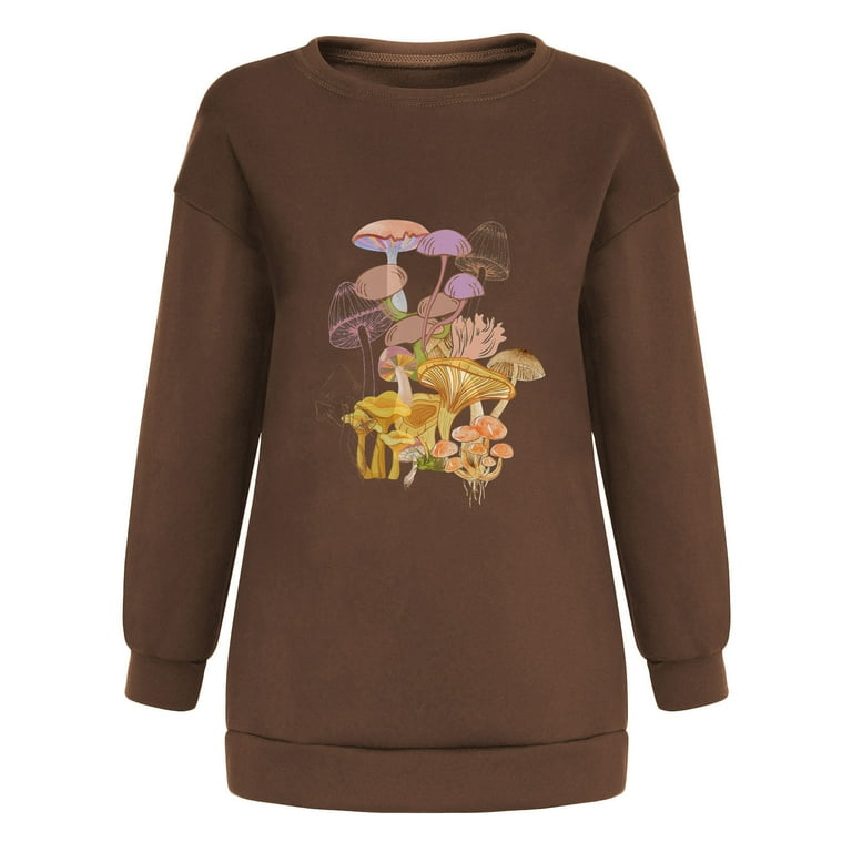 fartey Womens Oversized Sweatshirts Round Neck Mushroom Print Top Long  Sleeve Cute Shirt Loose Pullover Sweatshirt