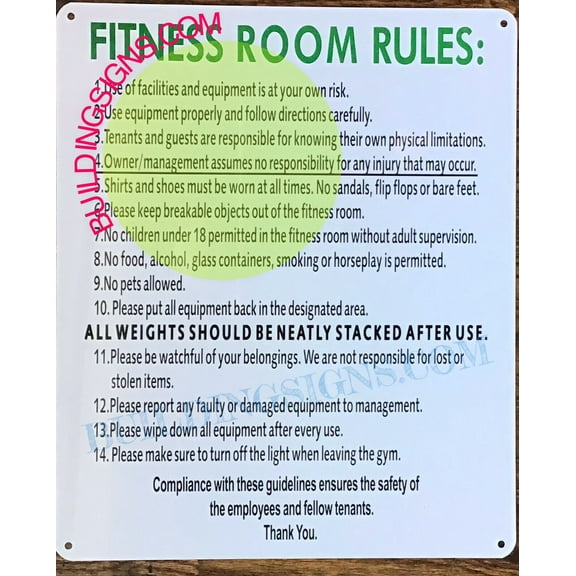 FITNESS ROOM RULES SIGN (10X12,WHITE,ALUMINUM)-ref15822