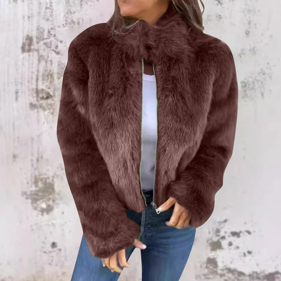 Qetyuw Faux Fur Crop Jacket for Women Full Zip Up Long Sleeve Open Front Jackets Lapel Casual Loose Fit Coat
