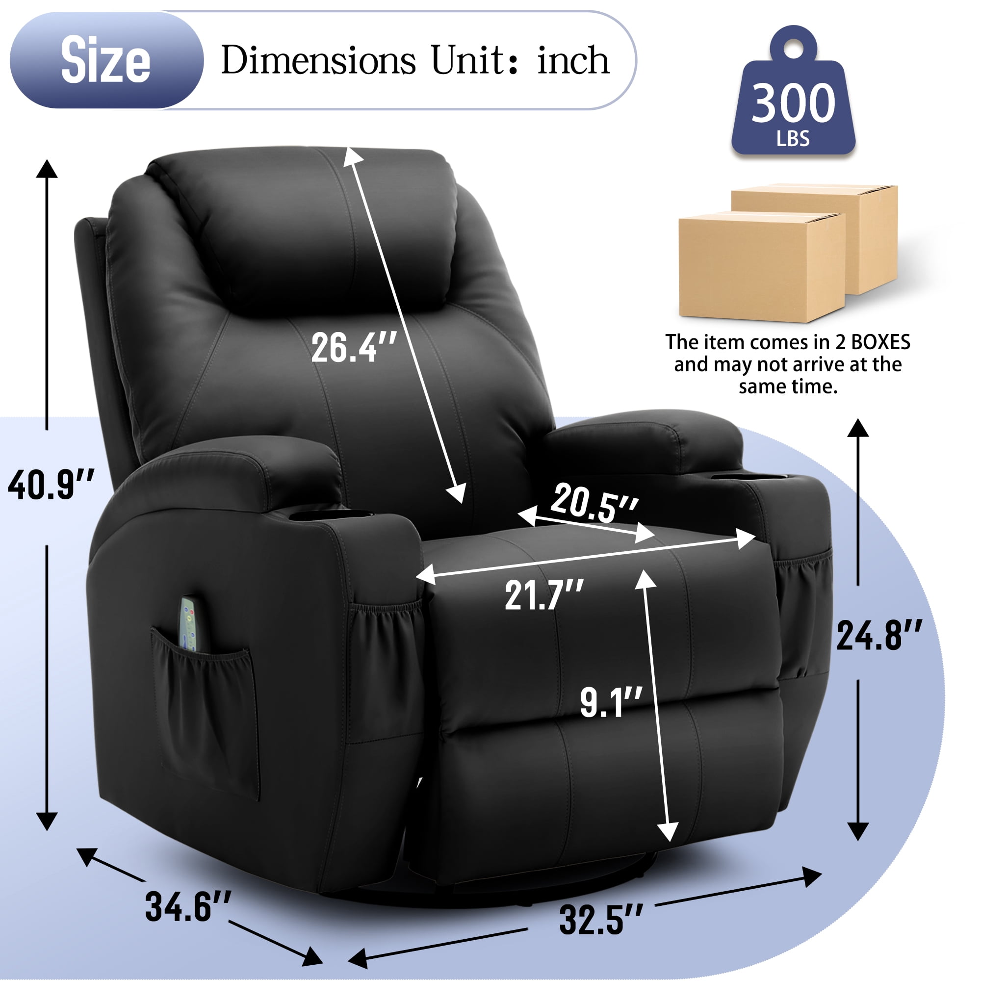 Korser Swivel Rocker Recliner Chair with Massage Faux Leather for Living Room,Black
