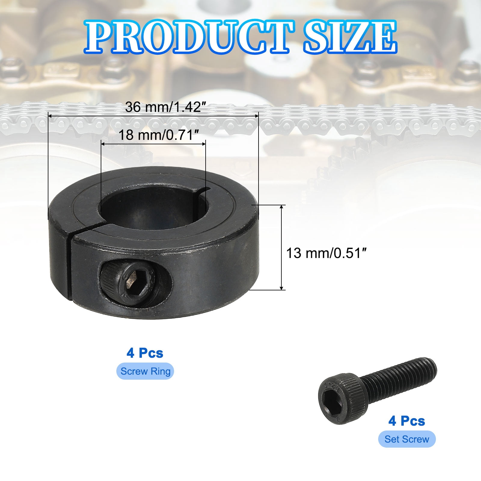 Bore 18 mm Single Split Shaft Collar 36 mm OD 13 mm Thickness Clamp Style with Set Screw & Hex Wrench (Black, 4)