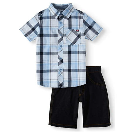 Swiss Cross Short Sleeve Plaid Button Up with Jean Short, 2-Piece Outfit Set (Little Boys)
