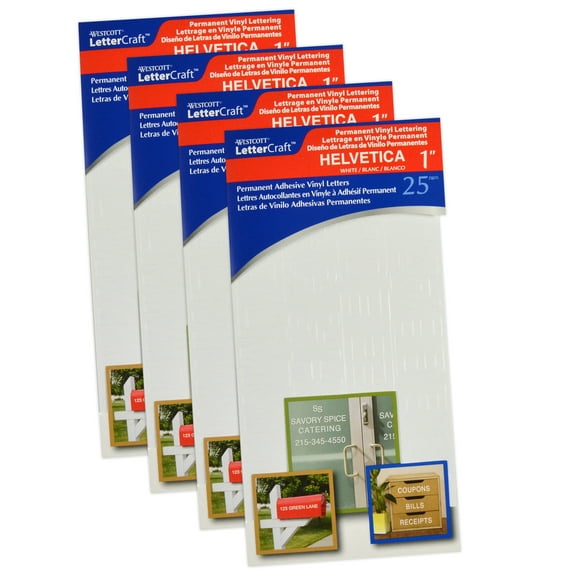 Westcott LetterCraft Permanent Vinyl Lettering, Helvetica, 1-Inch, White, 177 Per Pack, 4 Packs