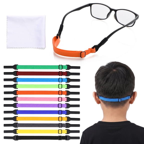 Abaima 12 Pcs Eyeglass Straps for Kids, Adjustable Sports Eye Glasses String Holder Strap, Non Slip Sunglasses Lanyard Around Head, Eye Glasses Holder Cord with Cleaning Cloth for Boys and Girls