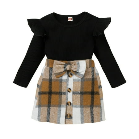 

Baozhu Toddler Baby Girl Skirt Outfit Solid Color Long Sleeve Turtleneck Knit Sweater Plaid Skirts 2Pcs Fall Winter Clothes 3-4 Years