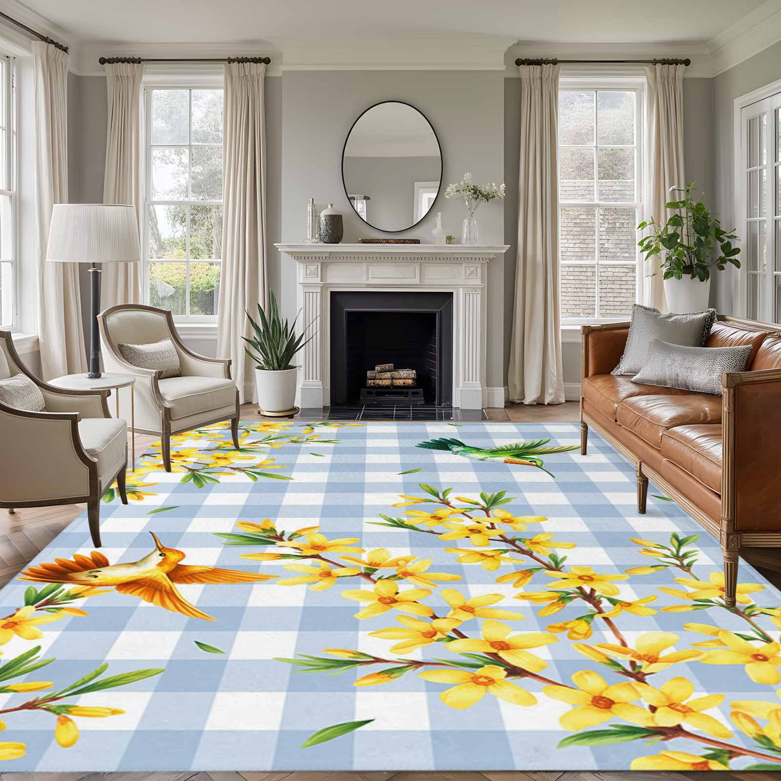 Forsythia Flowers 6'x9' Area Rug for Living Room, Spring Yellow Floral Hummingbird Blue Plaid Floor Mat Rugs for Bedroom Dining Room, Indoor Large Carpet for Classroom, Nursery Rugs for Playroom