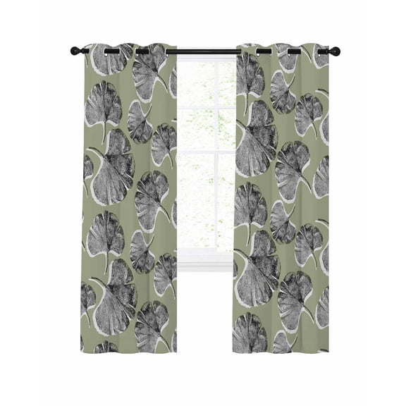 Grey Leaves Blackout Curtains, Light Blocking Print Window Curtains, Vintage Abstract Art Botanical Sage Green Thermal Insulated Window Drapes for Living Room Kitchen Cafe 2 Panels, 84"W x 84"L