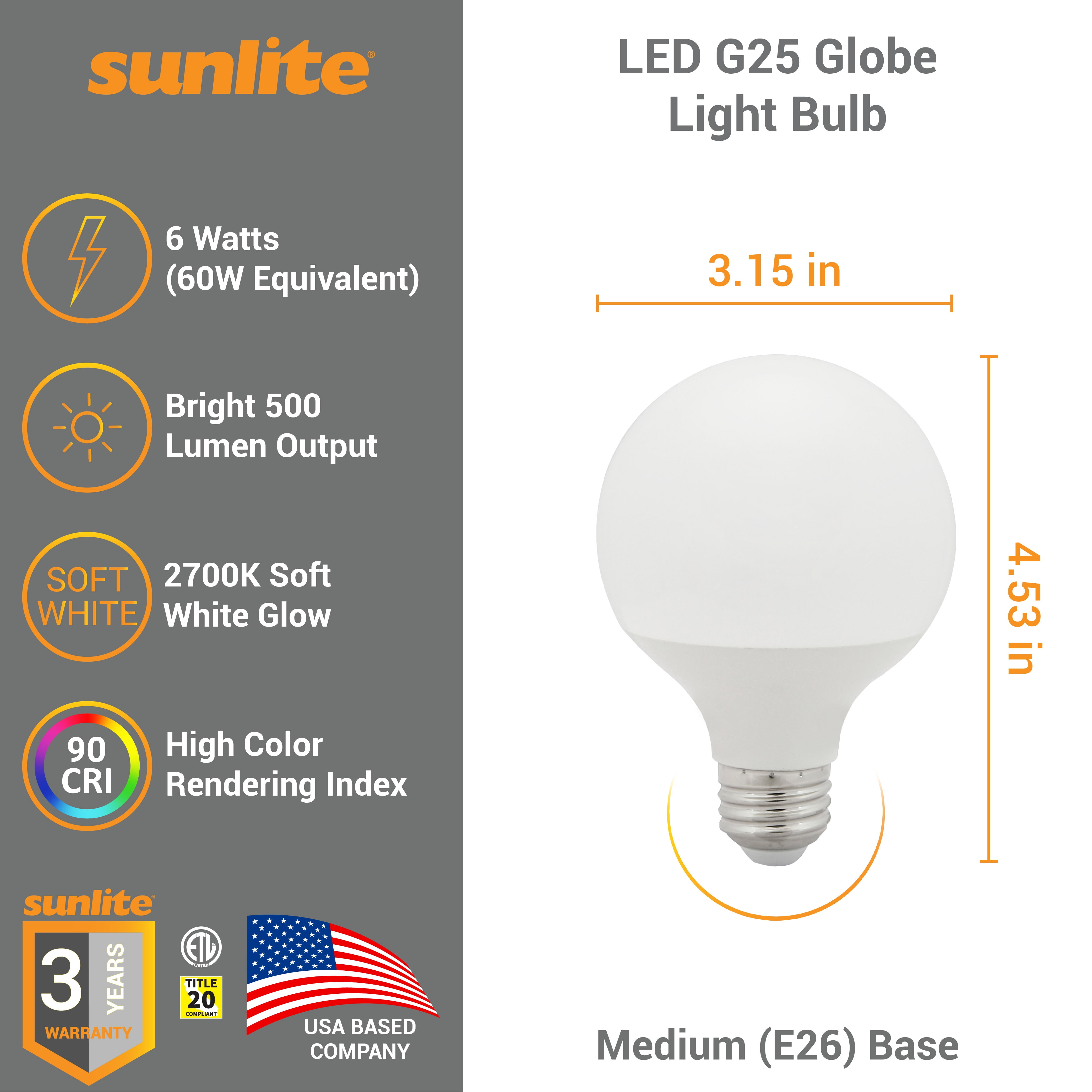 Sunlite LED G25 Globe Light Bulb, 6 Watts (60W Equivalent), Standard E26 Base, 500 Lumens, Dimmable, Frosted, 90 CRI, ETL Listed, 2700K Soft White, 6 Pack