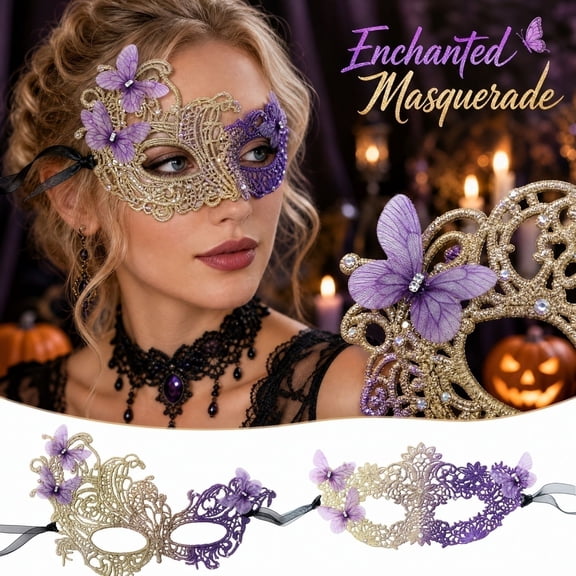 Mskk Gold Purple Butterfly Venetian Masquerade Mask for Women, Glitter Lace Rhinestone Half‑Face Mask, Halloween Mardi Gras Carnival Costume Ball Party Accessory