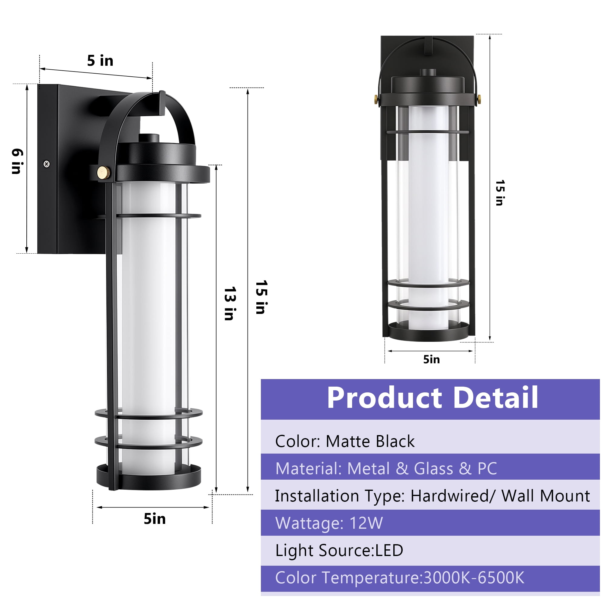 GCGAFUL 2-Pack LED Outdoor Wall Sconce, 15 in.Black Modern Exterior Light Fixture, Integrated Waterproof Hardwired Cylinder Lantern for Patio Garage Front Door Entryway